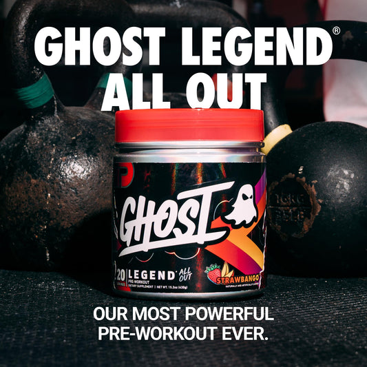GHOST Legend All Out Strawbango label details active ingredients for clear dosing.