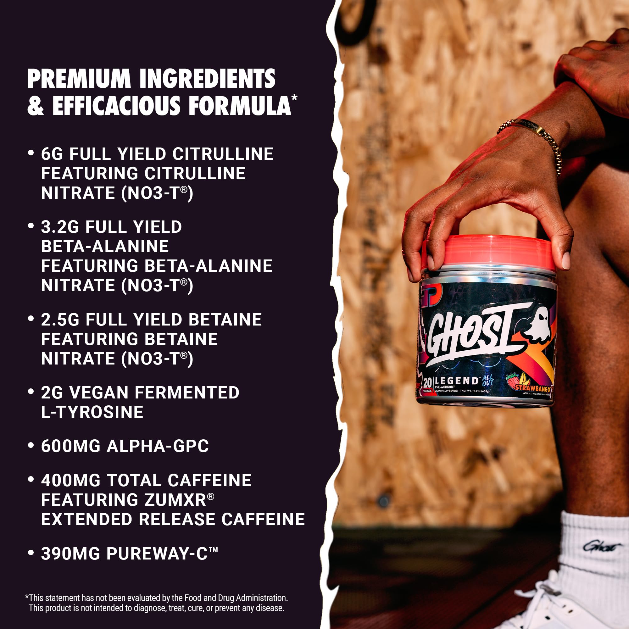 GHOST Legend All Out Strawbango powder being mixed for an energetic pre-workout session.