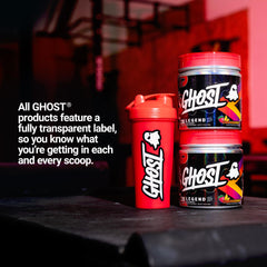 GHOST Legend All Out Strawbango scoop beside container highlighting caffeine and NO3-T.