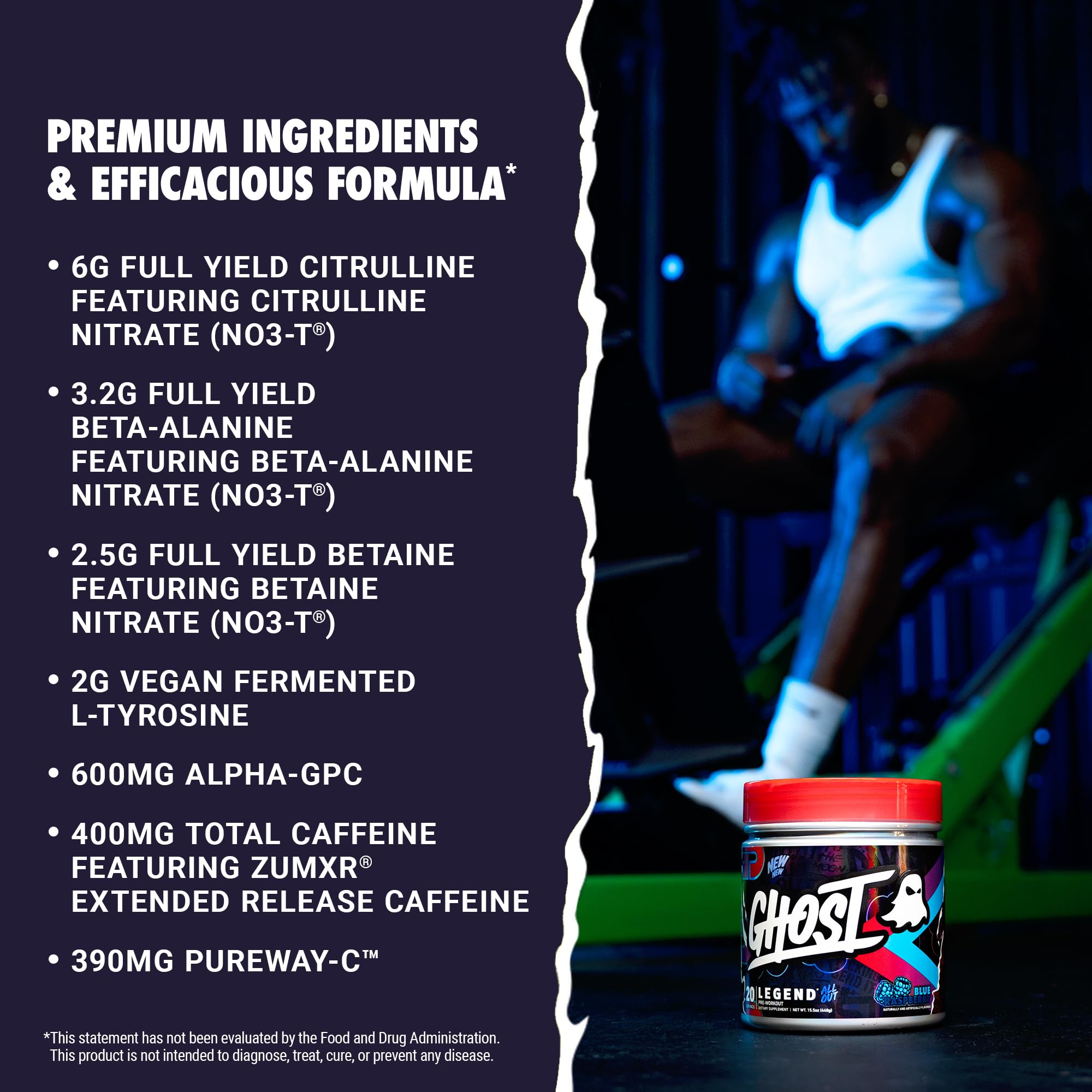 GHOST Legend All Out transparent label shows exact ingredient amounts