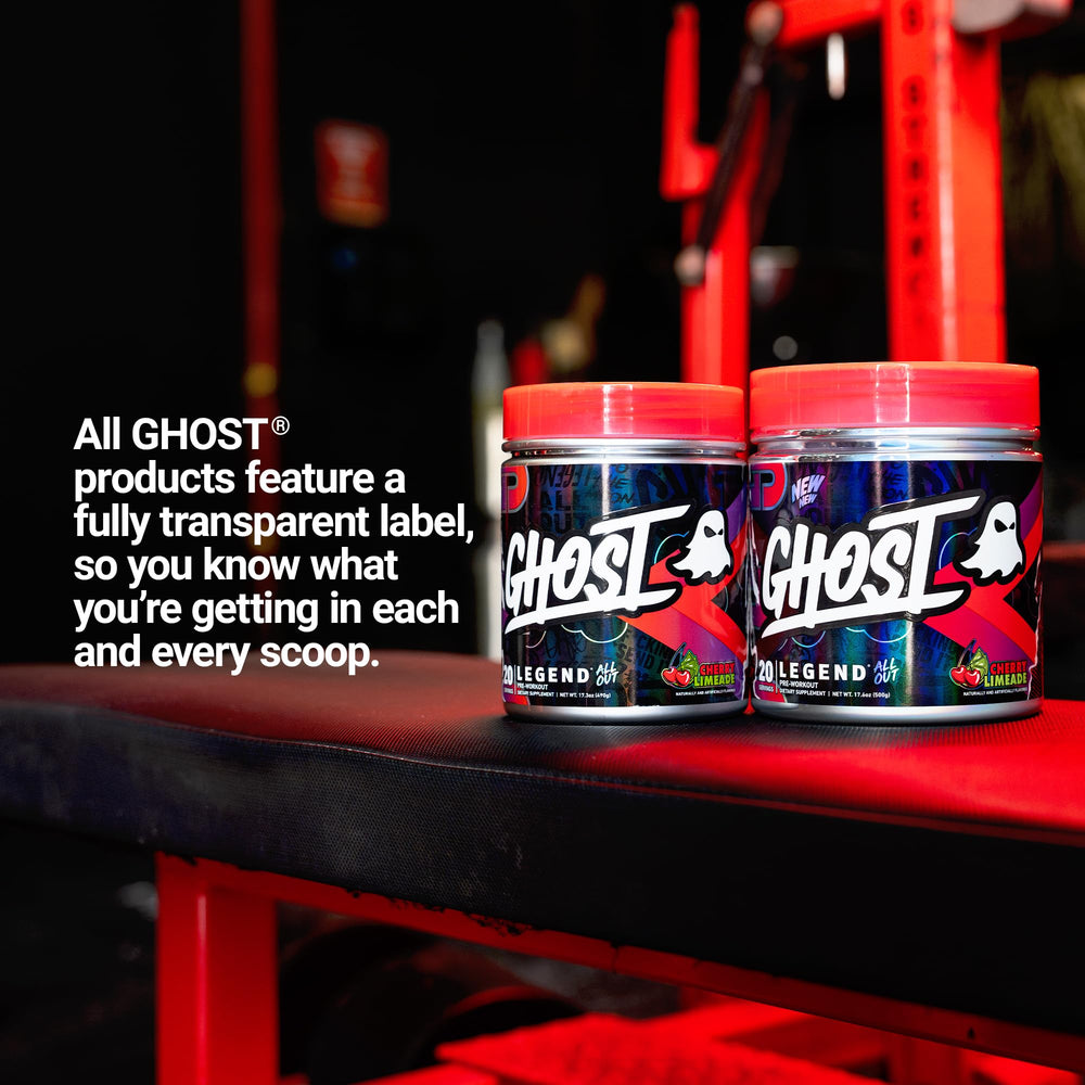 Ghost Legend All Out label highlights vegan, gluten-free, sugar-free formulation