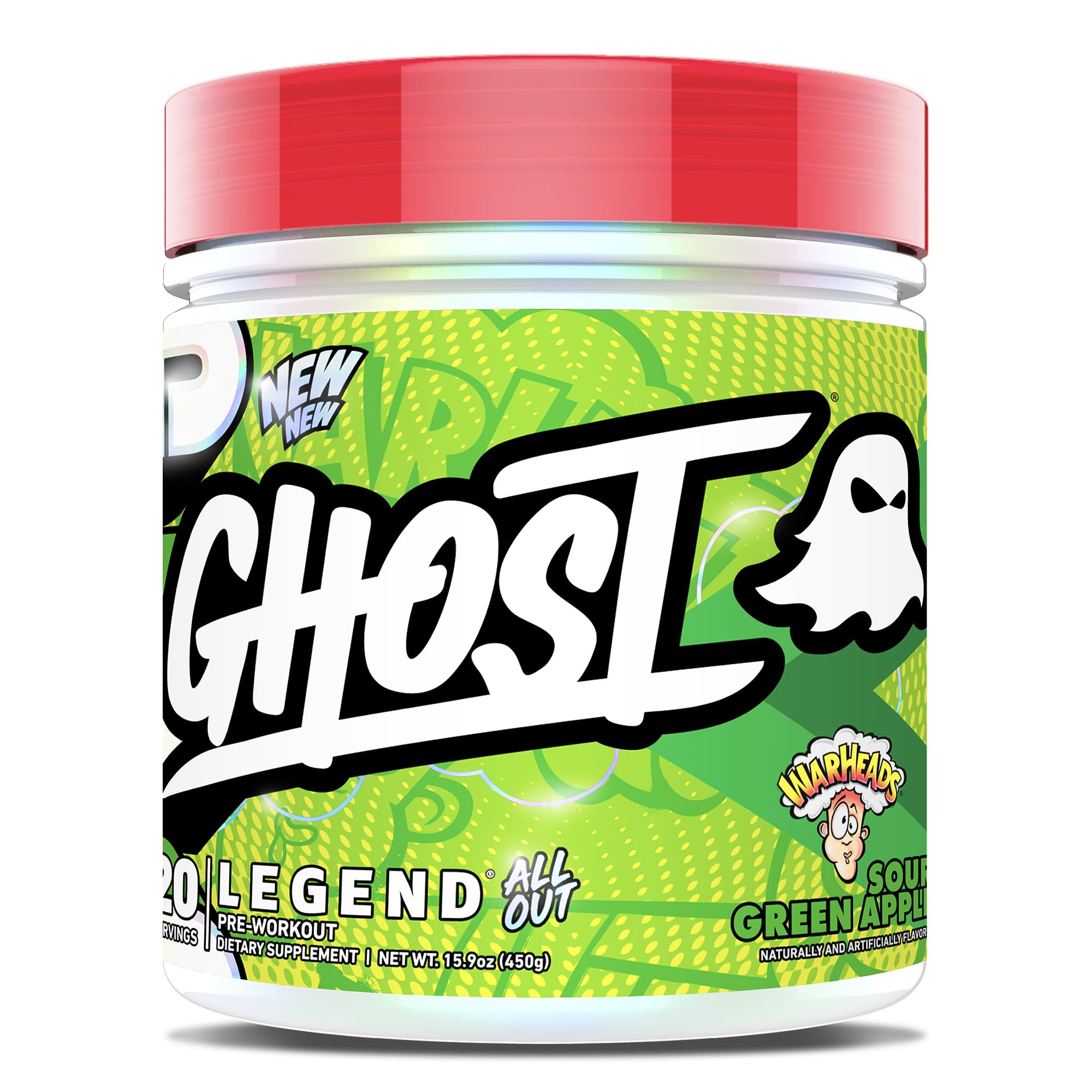 GHOST Legend All Out Warheads Sour Green Apple pack shot with clear label transparency.