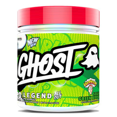 GHOST Legend All Out Warheads Sour Green Apple pack shot with clear label transparency.