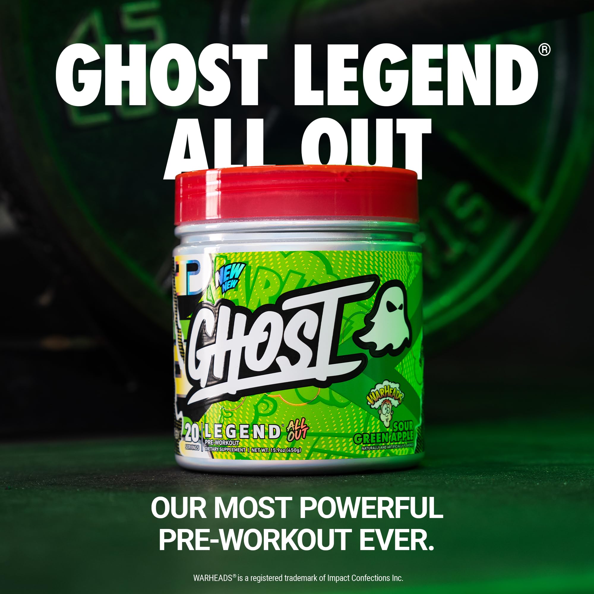GHOST Legend All Out scoop beside tub illustrating dose-ready pre-workout for workouts.