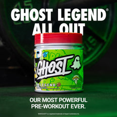 GHOST Legend All Out scoop beside tub illustrating dose-ready pre-workout for workouts.