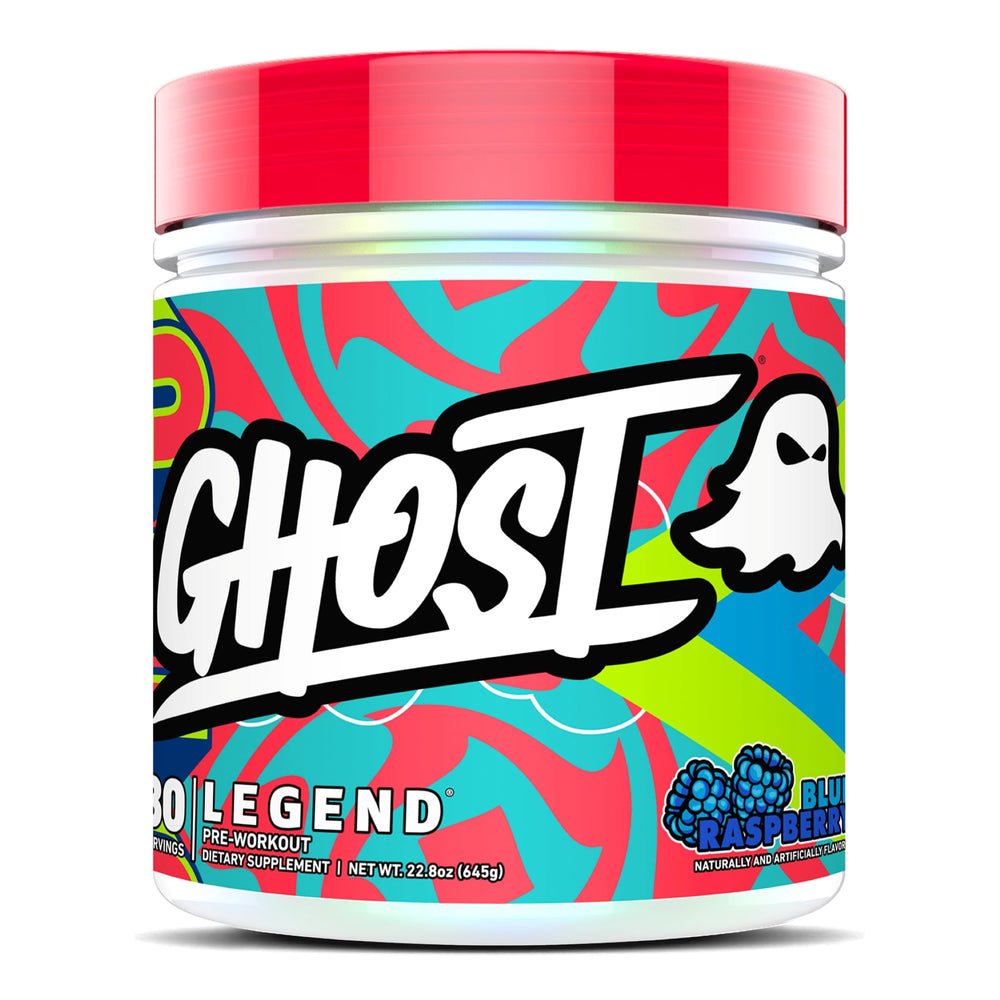 GHOST Legend Blue Raspberry tub front shows vegan-friendly pre-workout formula with clean energy potential.