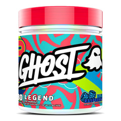 GHOST Legend Blue Raspberry tub front shows vegan-friendly pre-workout formula with clean energy potential.