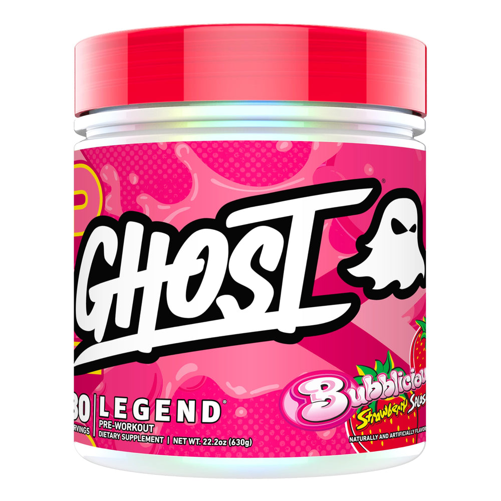 GHOST Legend Bubblicious Strawberry Splash bottle shows vegan-friendly pre-workout formula for energy