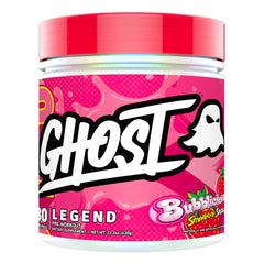 GHOST Legend Bubblicious Strawberry Splash bottle shows vegan-friendly pre-workout formula for energy