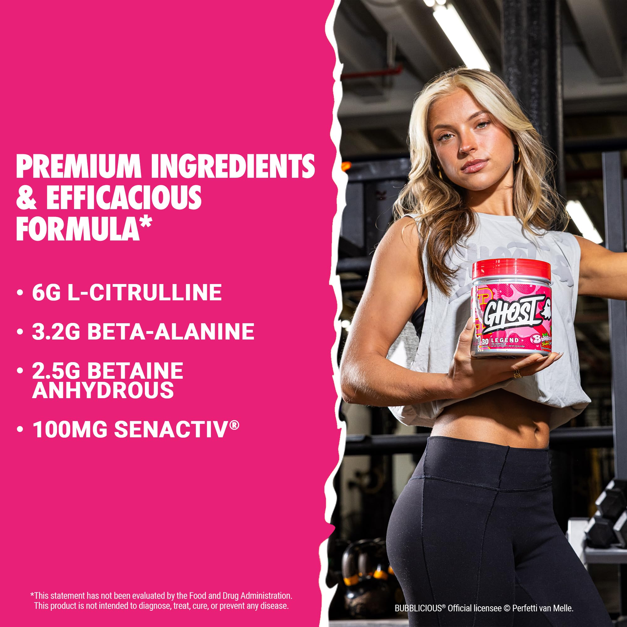 GHOST Legend Bubblicious Strawberry Splash label reveals transparent ingredients for clean nutrition choices