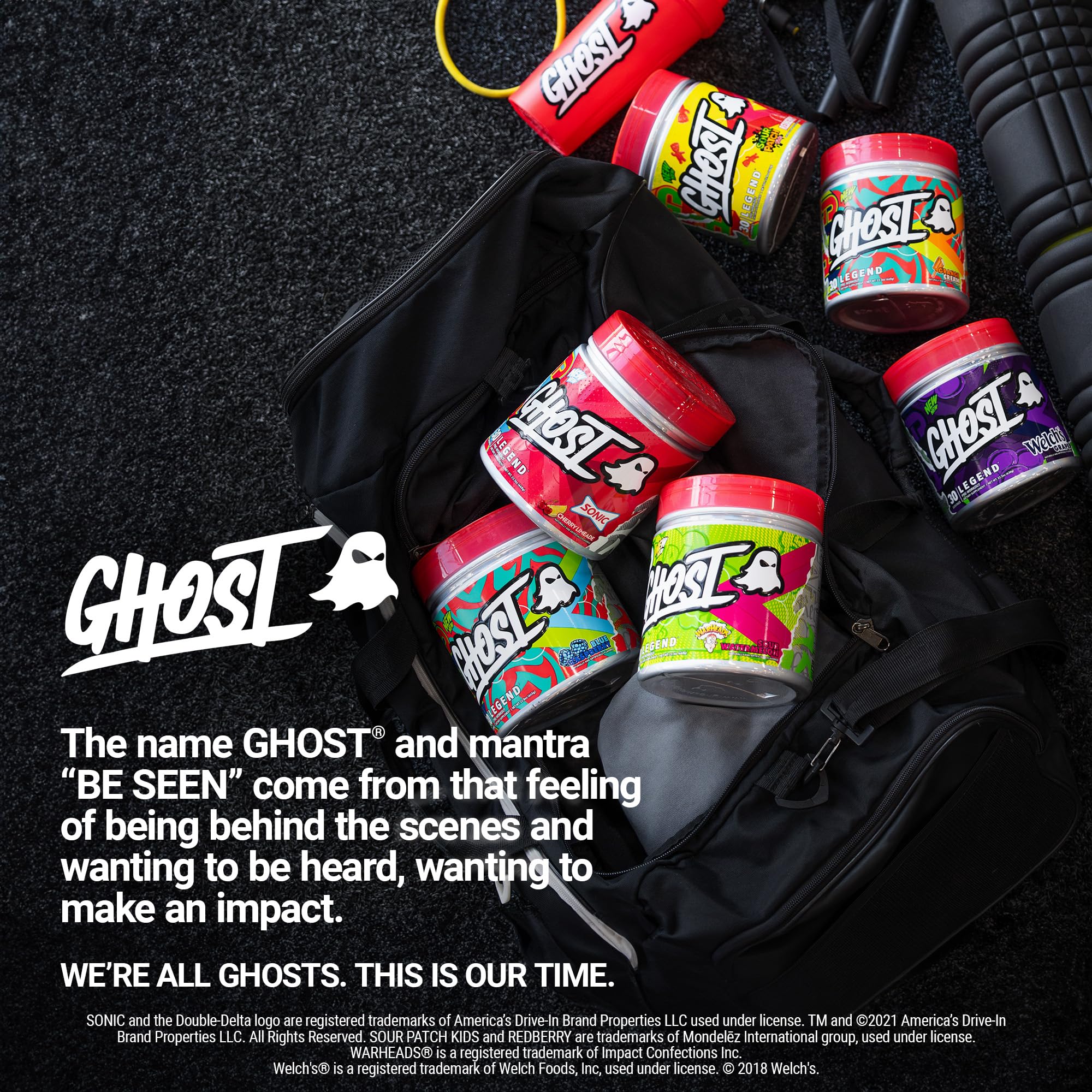 Ghost Legend logo close-up as athletes train nearby