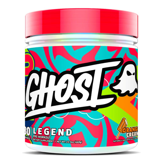 Ghost Legend Orange Cream tub front for pre-workout energy and flavor