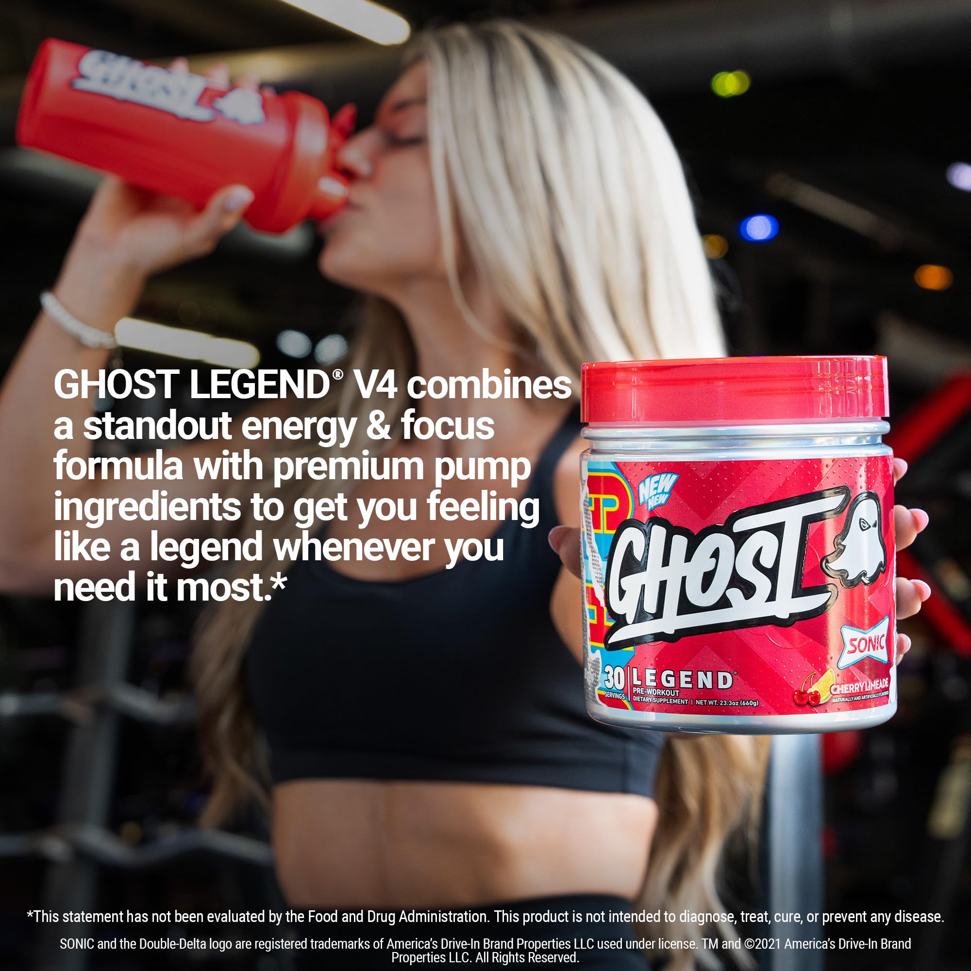 Ghost Legend packaging on gym shelf with transparent label