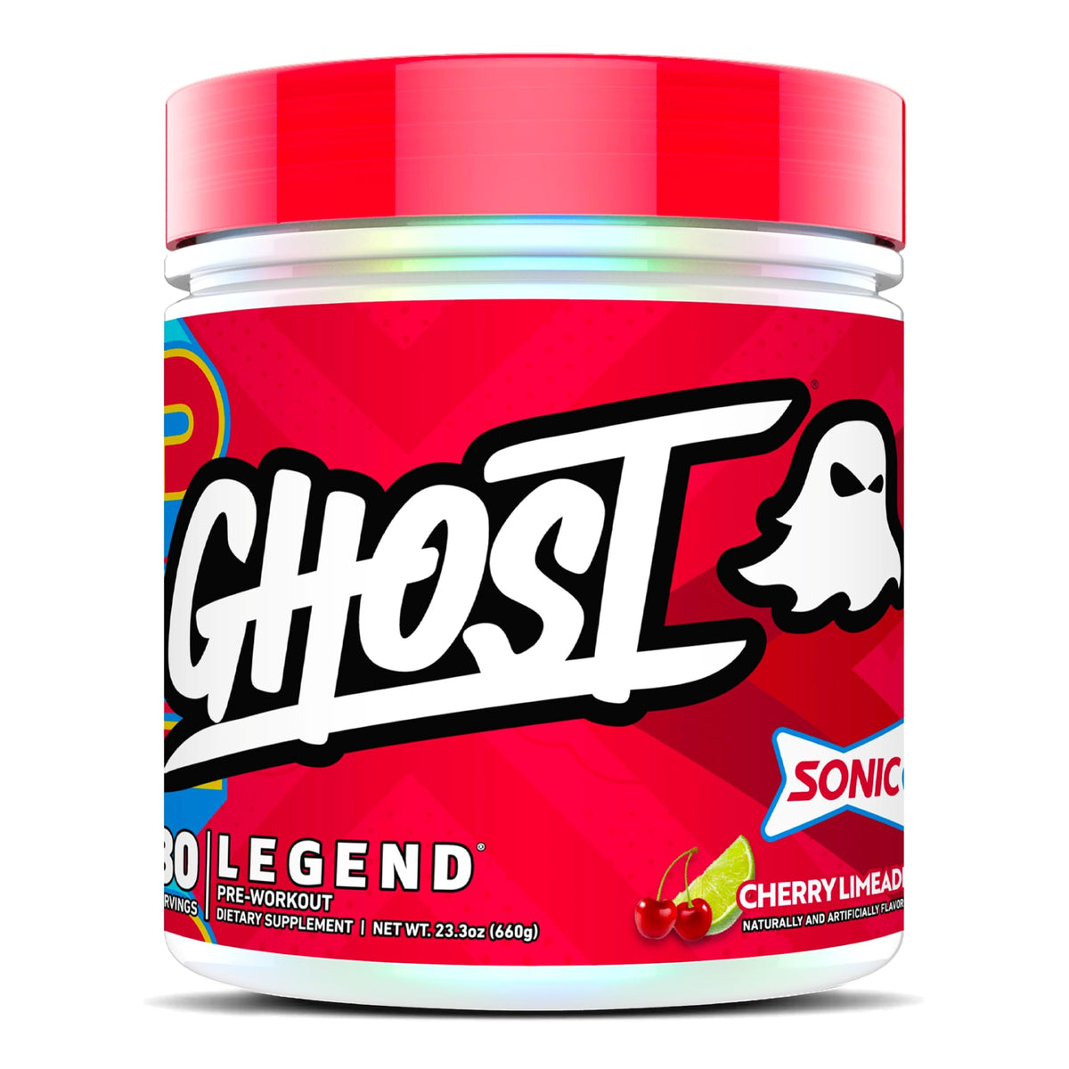 Ghost Legend powder tub front view highlights vegan-friendly pre-workout formula