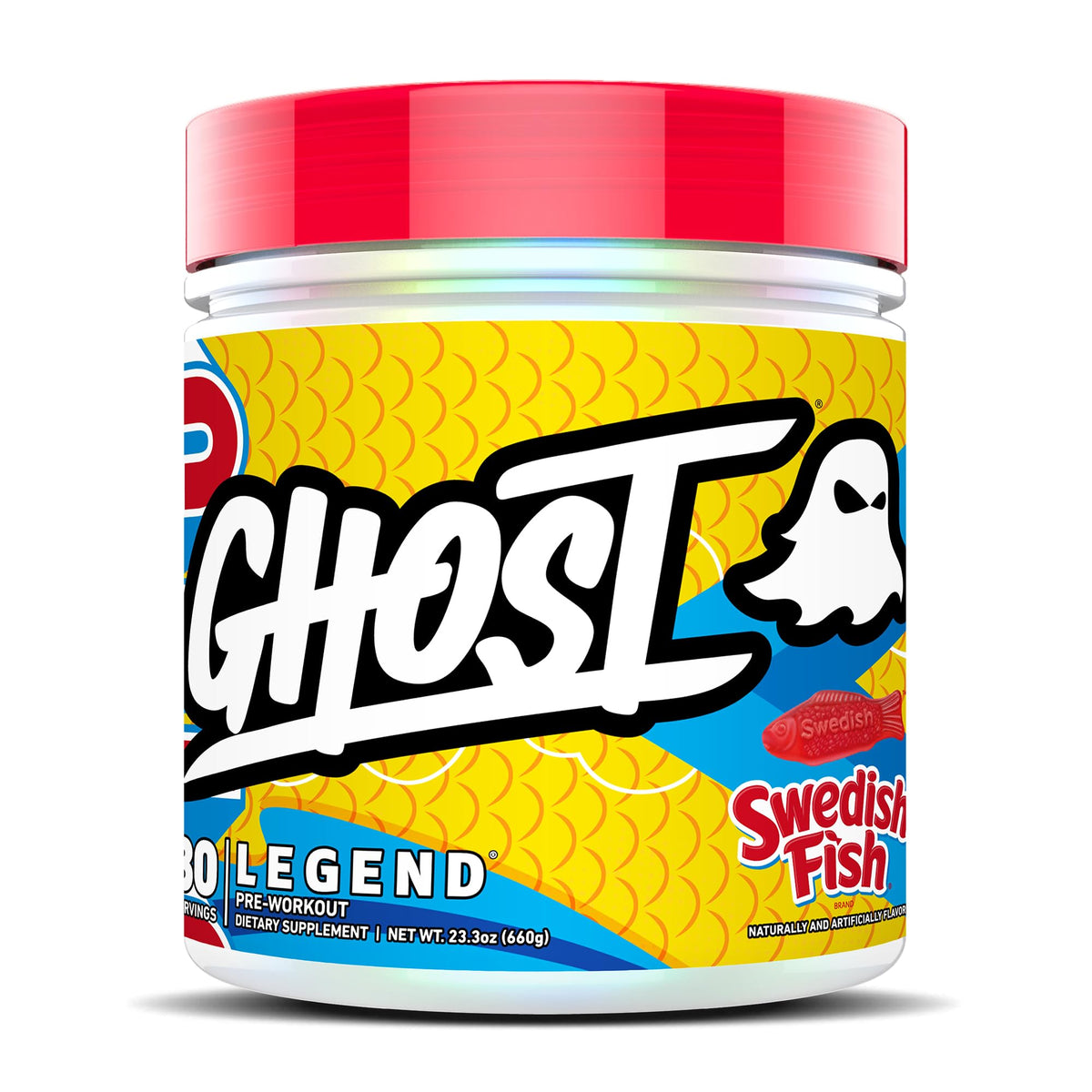 Ghost Legend powder tub in Swedish Fish flavor for vegan pre-workout energy