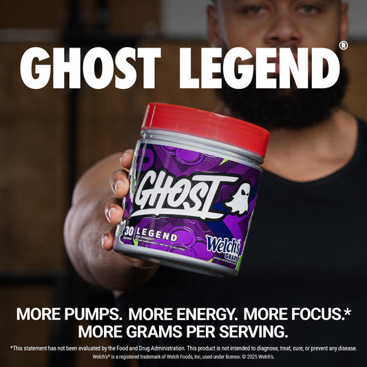 Ghost Legend pre-workout scoop close-up highlighting vegan-friendly formula for workouts.