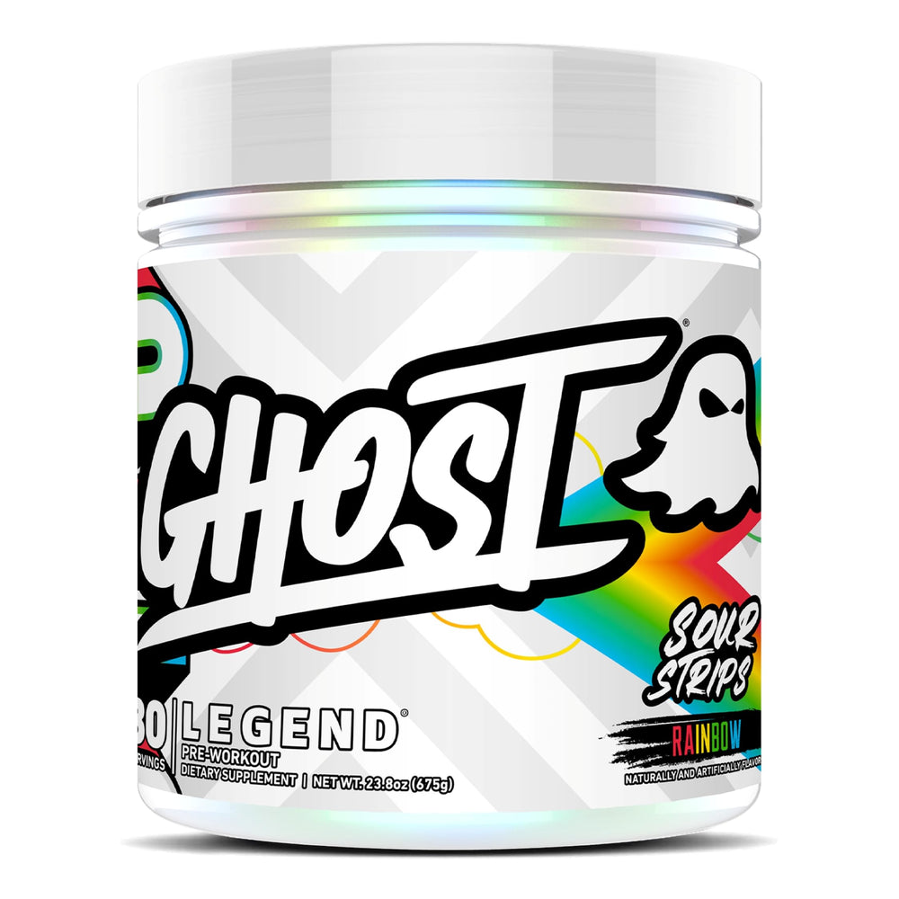 GHOST Legend pre-workout Sour Strips tub ready for training.