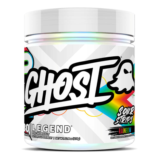 GHOST Legend pre-workout Sour Strips tub ready for training.