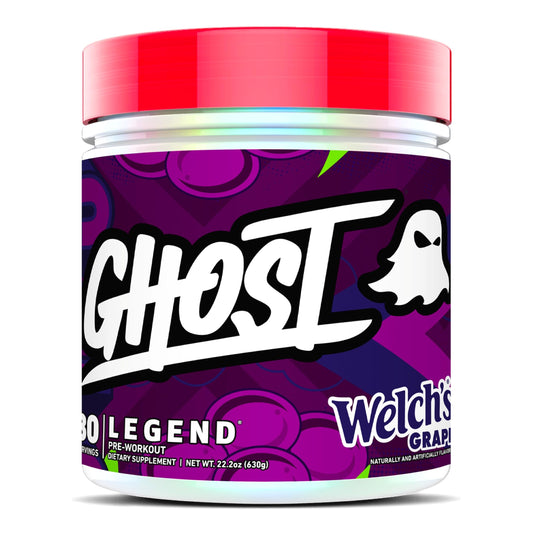 Ghost Legend pre-workout bottle with Welch's grape flavor for clean energy boost.