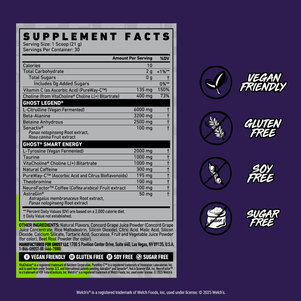 Ghost Legend vegan ingredients list emphasizing clean energy potential.