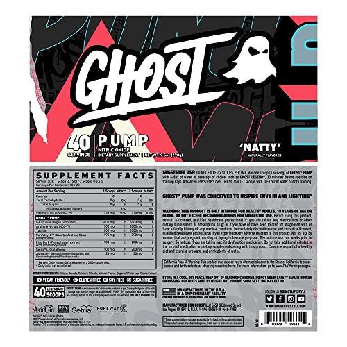 GHOST Pump Natty ingredients label highlights transparent dosing and vegan-friendly formula.