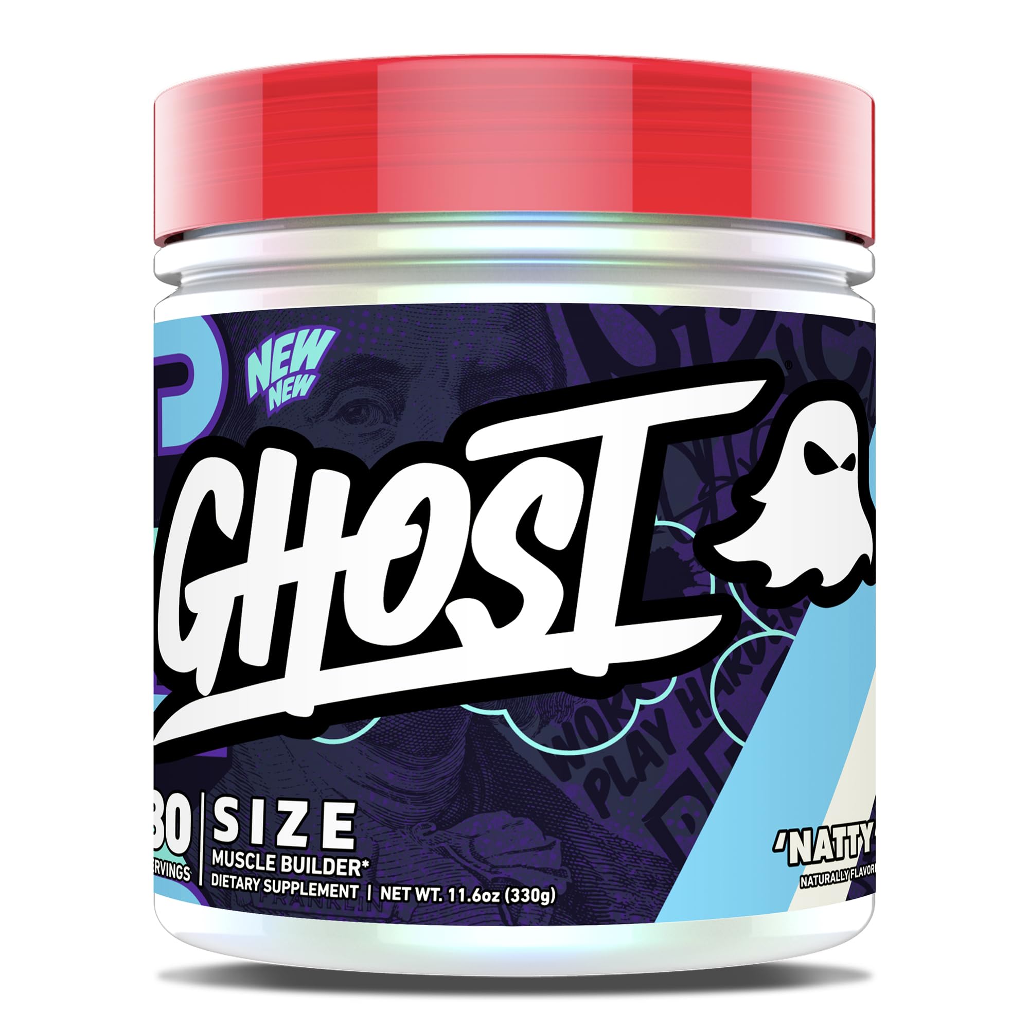 GHOST Size Muscle Builder tub label with full ingredient transparency for informed choices.