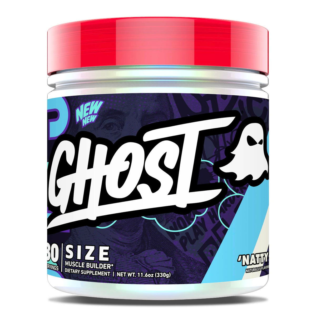 GHOST Size Muscle Builder tub label with full ingredient transparency for informed choices.