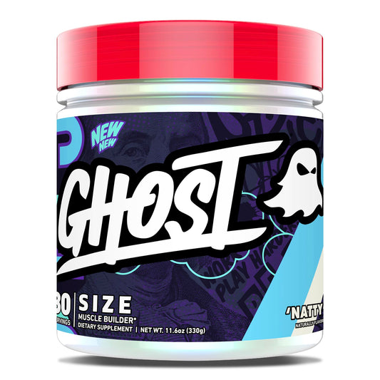 GHOST Size Muscle Builder tub label with full ingredient transparency for informed choices.