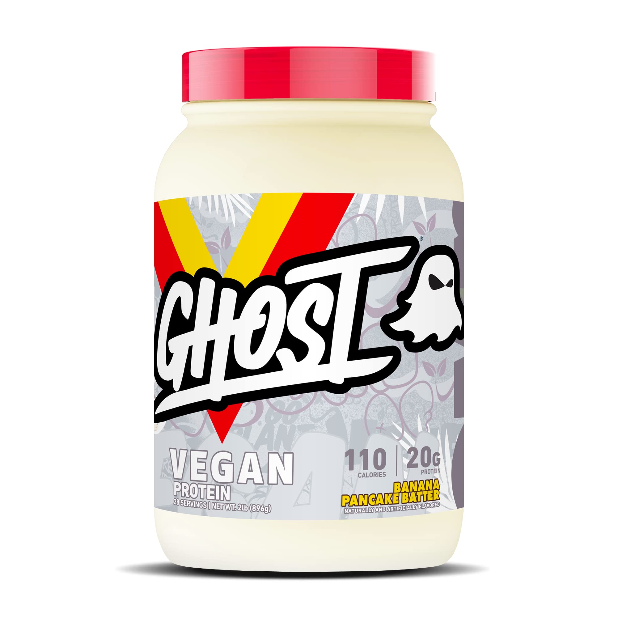 GHOST Vegan Protein Banana Pancake Batter tub front view highlighting 2lb size and flavor.