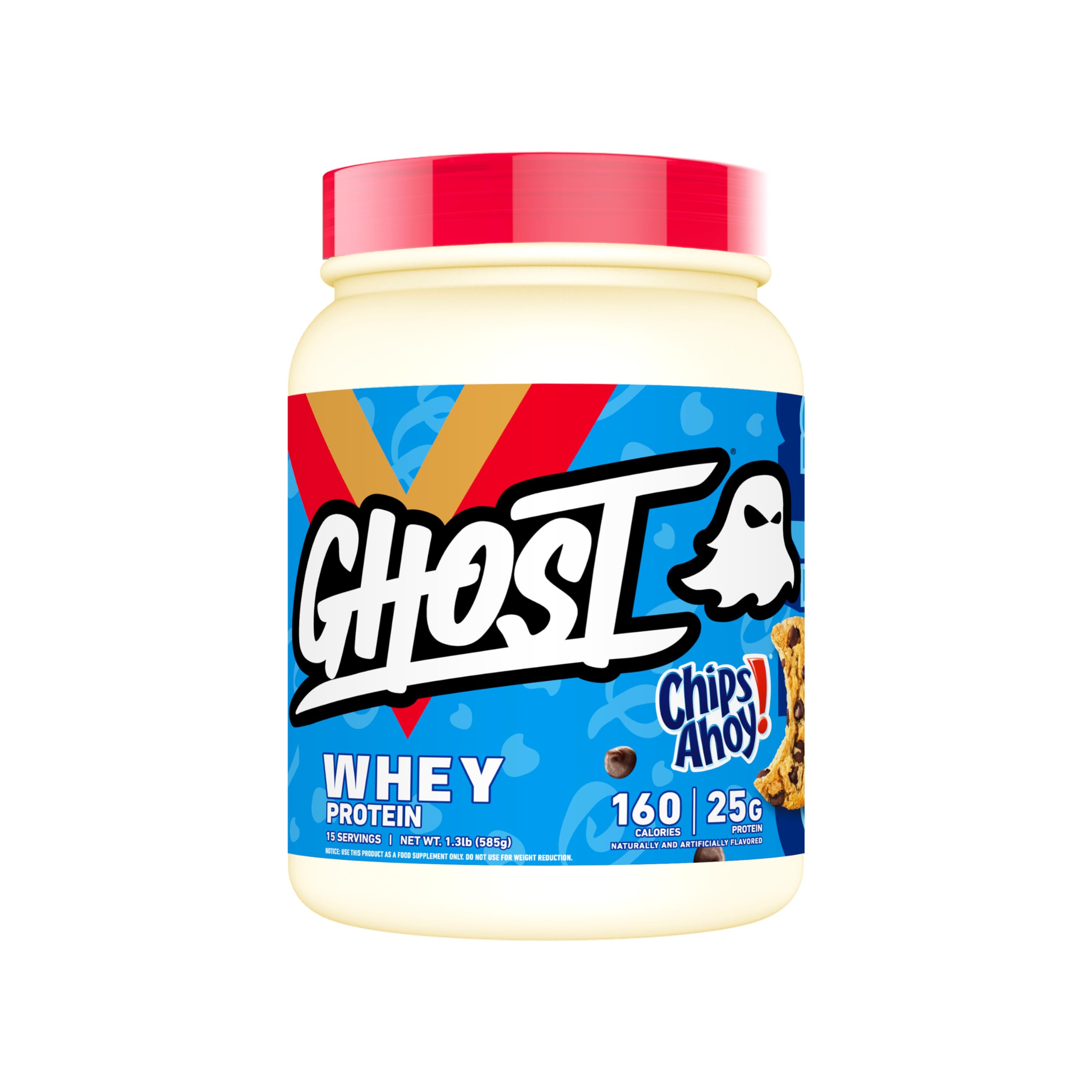 GHOST Whey Chips Ahoy tub front with real cookie pieces for post-workout flavor