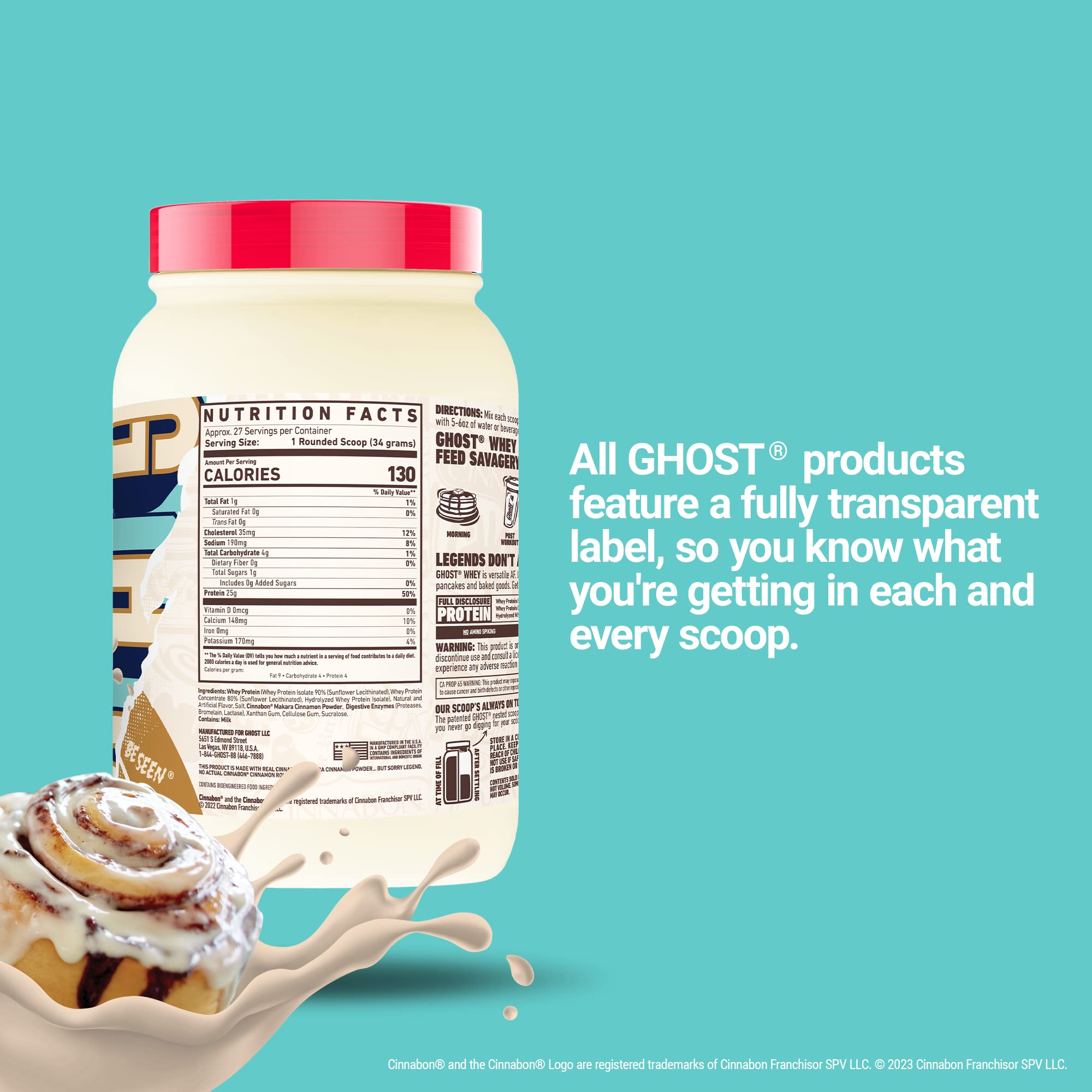 GHOST Whey x Cinnabon label shows transparent ingredients and gluten-free status.