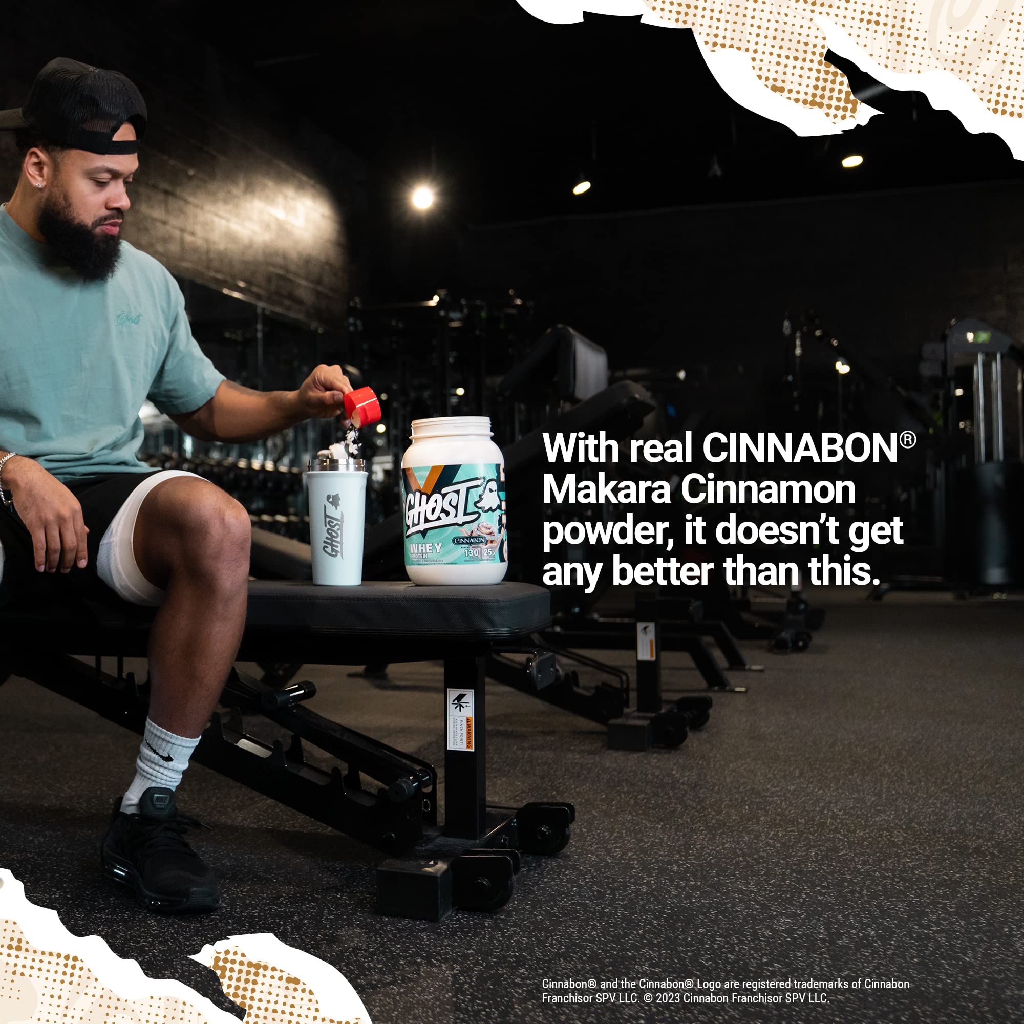 GHOST Whey x Cinnabon macro breakdown highlights protein and calories for tracking.