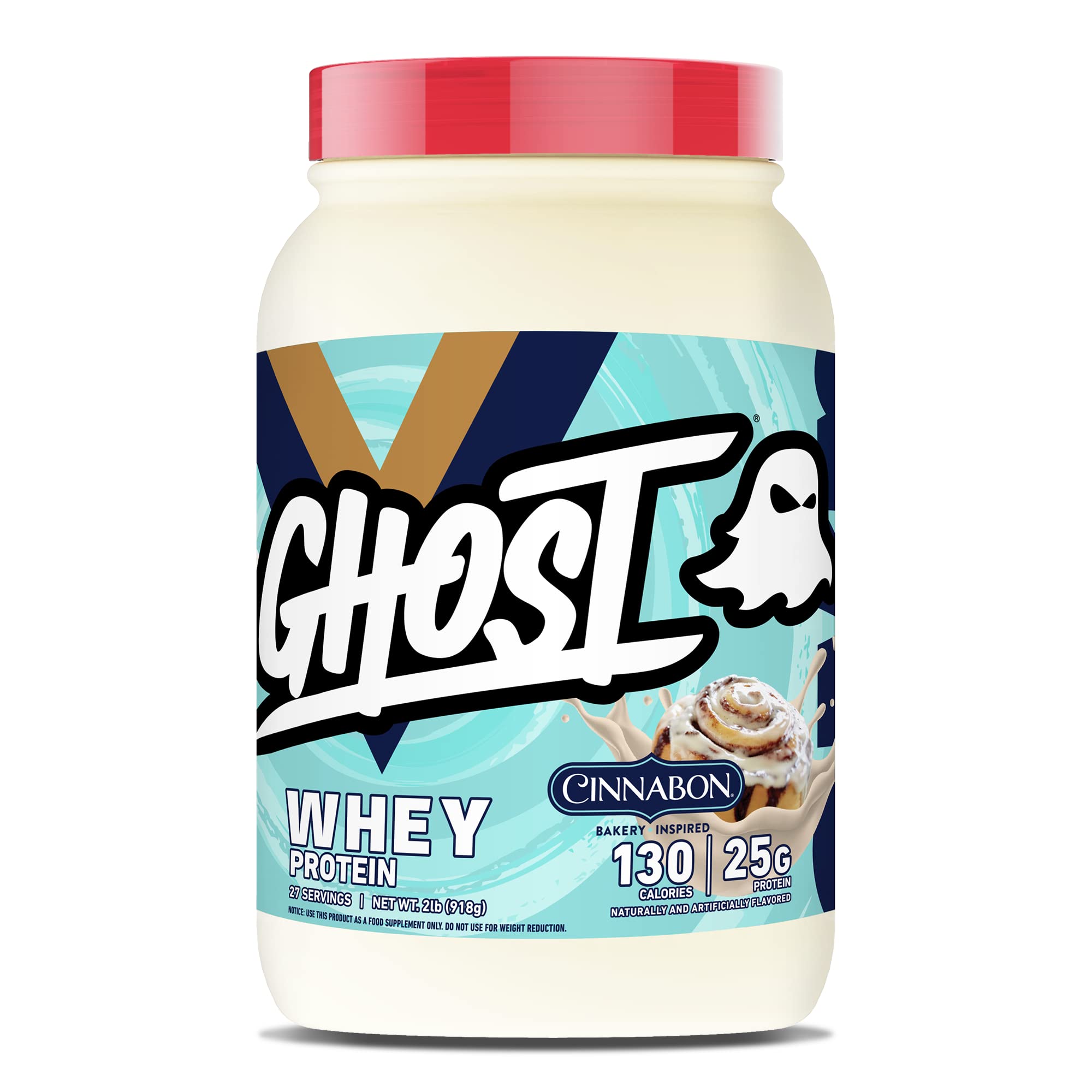 GHOST Whey x Cinnabon tub front with transparent label, highlighting 25g protein per serving for workouts.