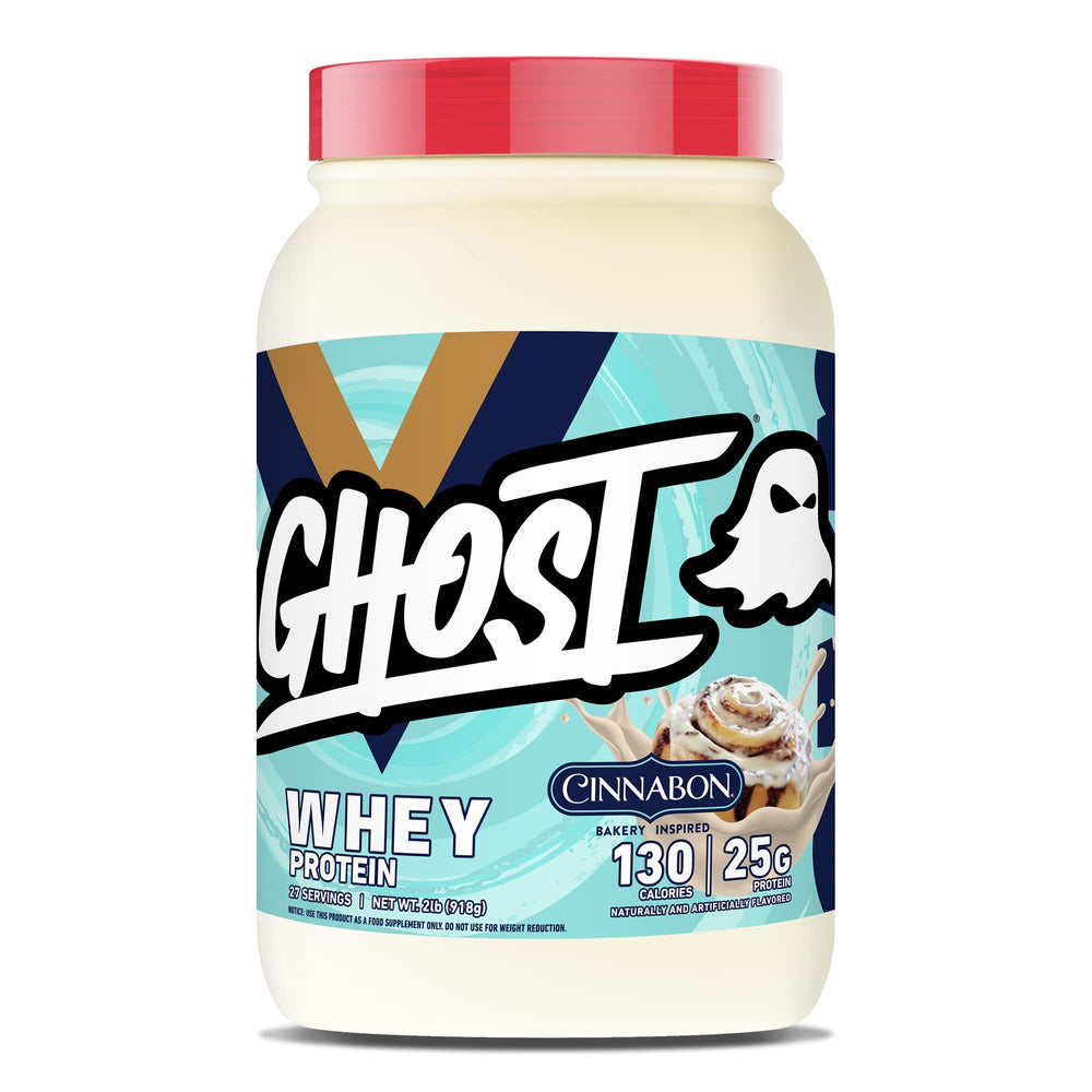 GHOST Whey x Cinnabon tub front with transparent label, highlighting 25g protein per serving for workouts.