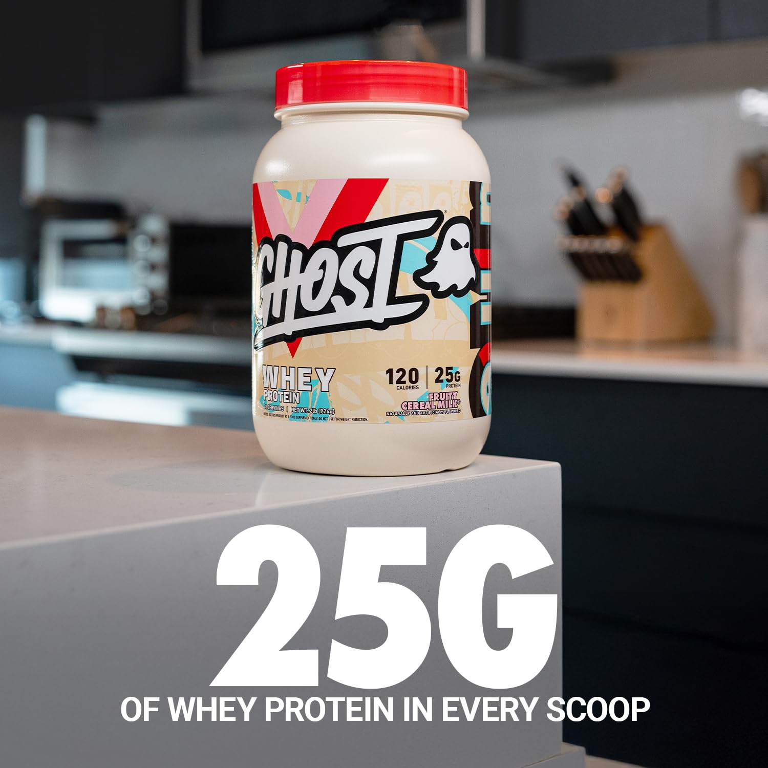 GHOST Whey Fruity Cereal Milk shake glass after workout recovery
