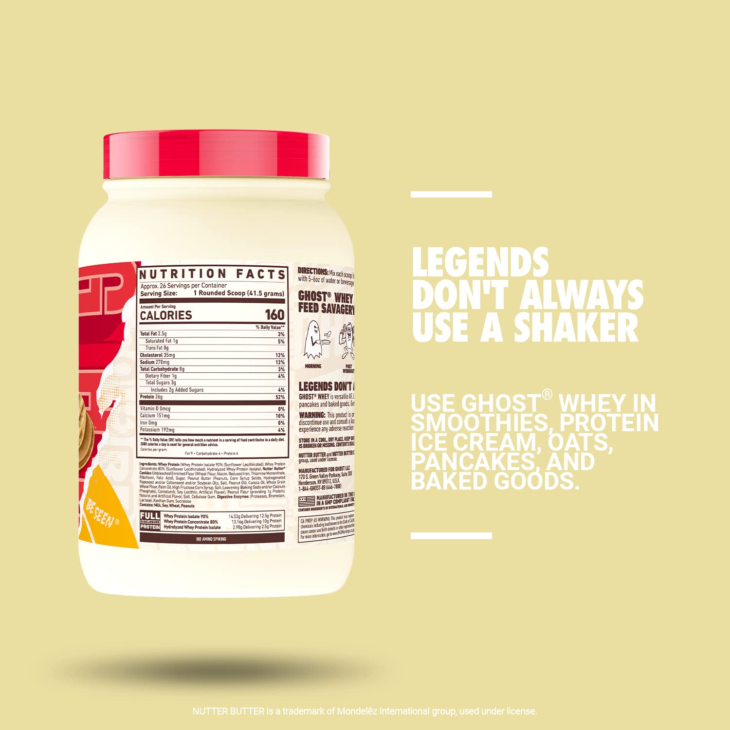 GHOST Whey Nutter Butter scoop pouring into blender for shakes and baking