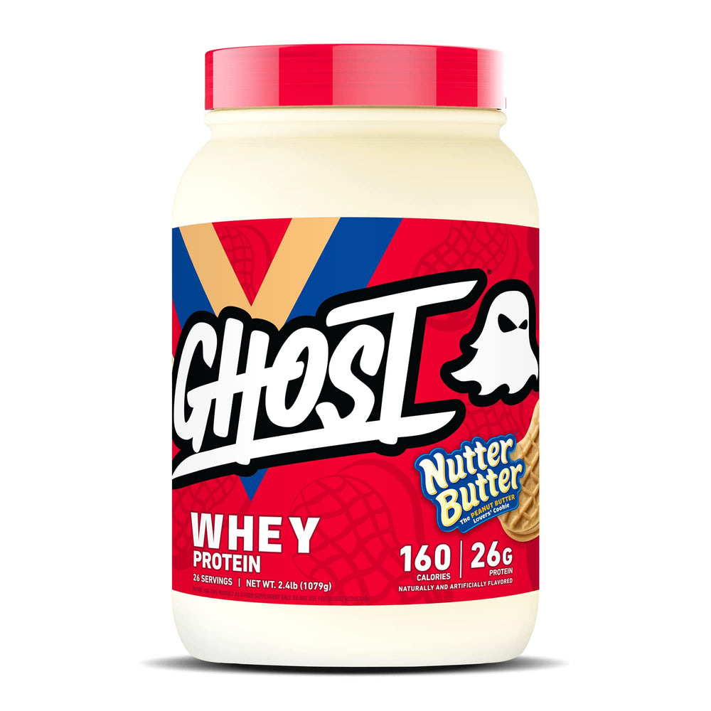 GHOST Whey Nutter Butter tub showing real cookie pieces for post-workout shakes