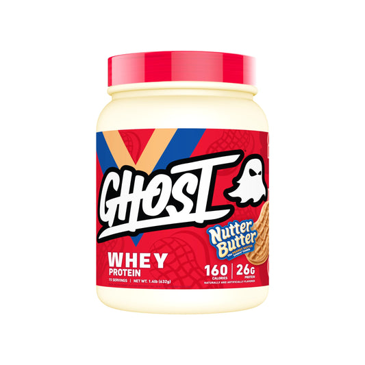 GHOST Whey Nutter Butter tub with transparent labeling for informed protein choices.