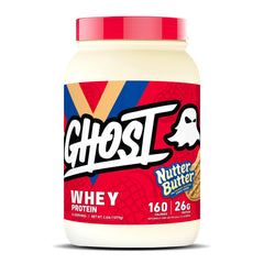 GHOST Whey Nutter Butter tub showing real cookie pieces for post-workout shakes