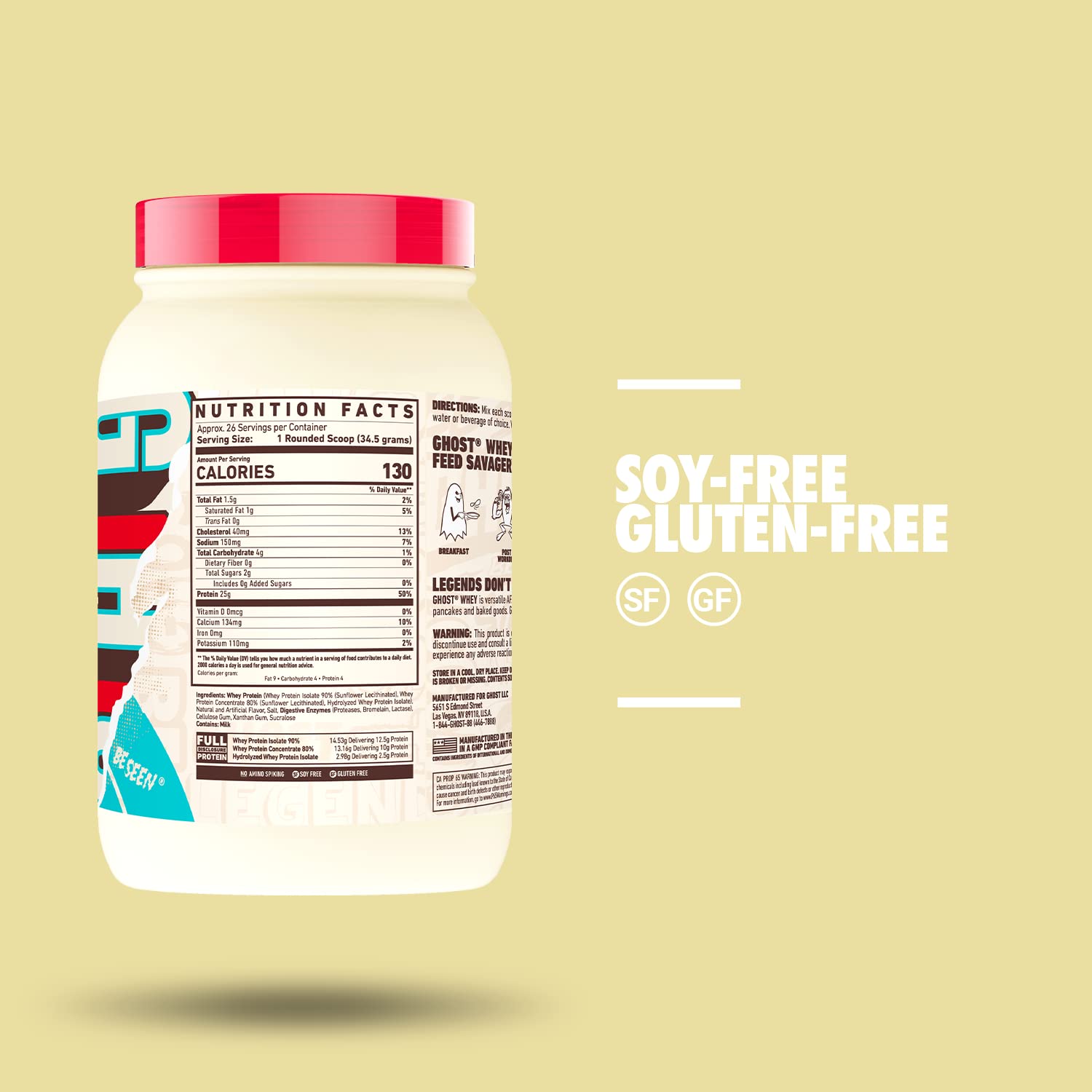 GHOST Whey protein ingredients panel with enzymes for smoother mixing and digestion