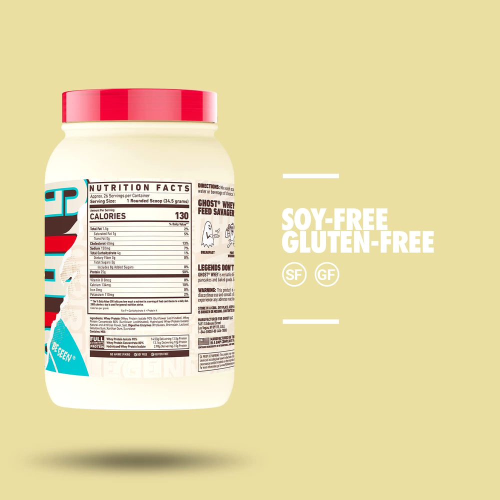 GHOST Whey protein ingredients panel with enzymes for smoother mixing and digestion