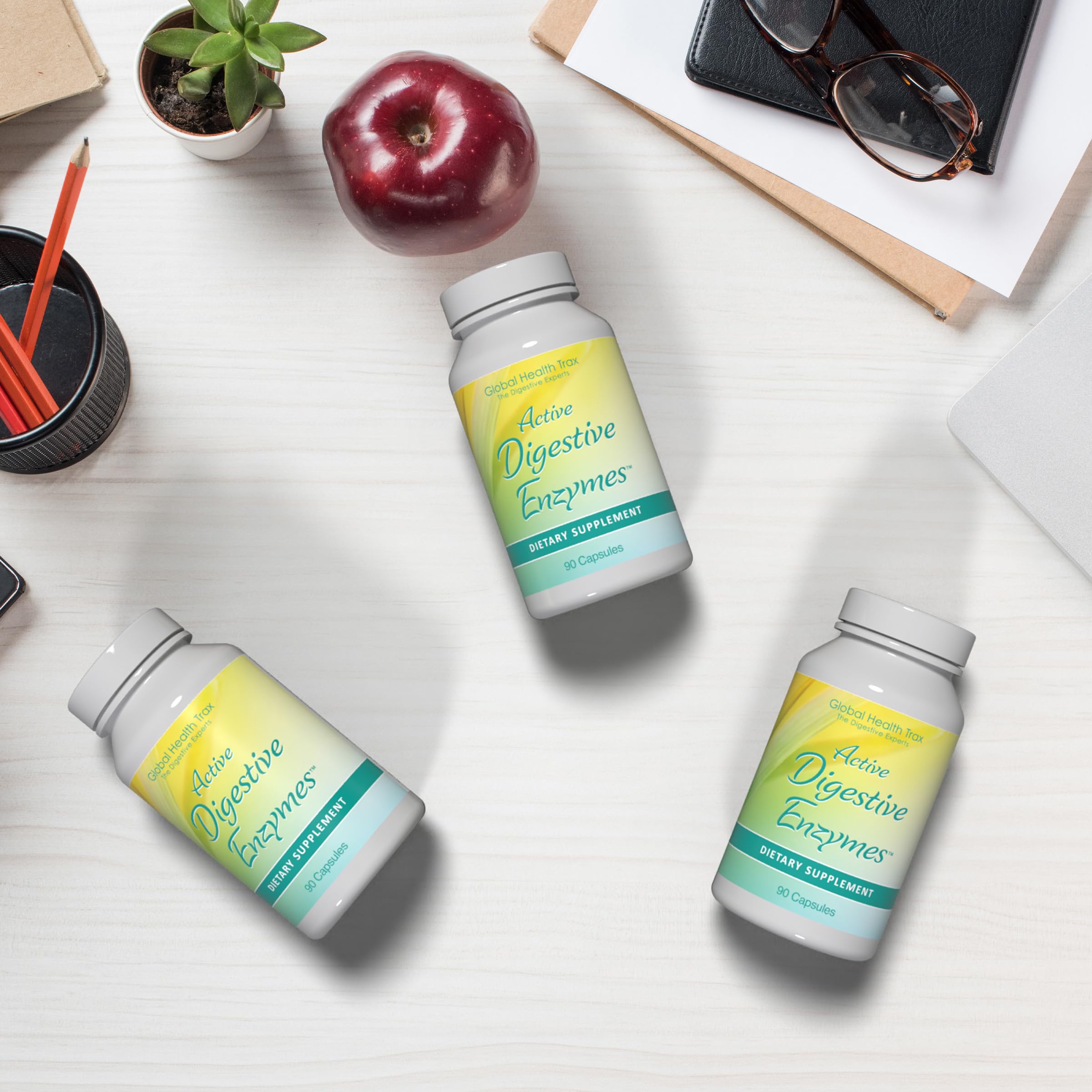 Global Health Trax Digestive Enzymes bottle layout suggests easy daily routine