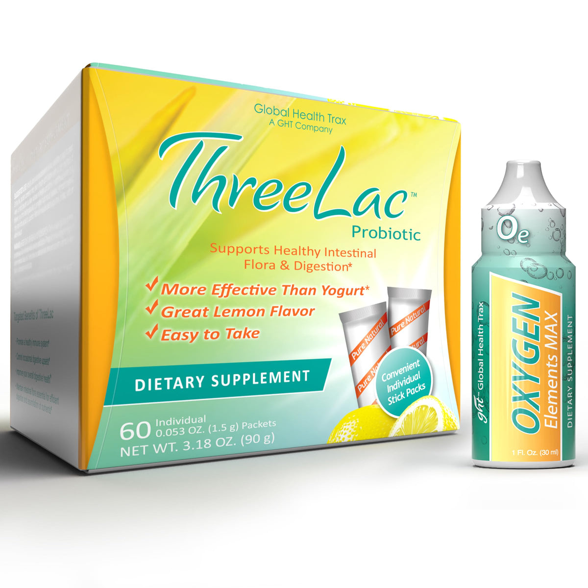 Global Health Trax ThreeLac Lemon probiotic powder for digestive support