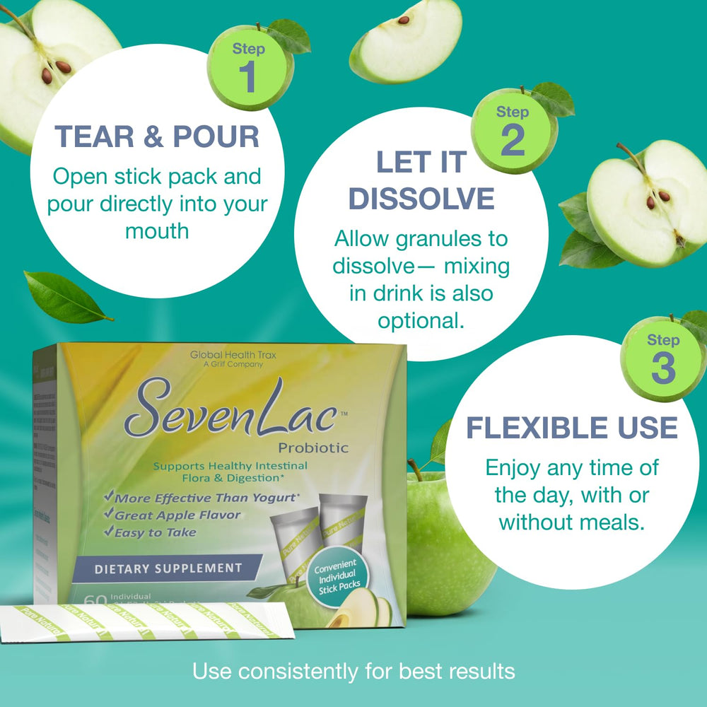 A glass of SevenLac Apple probiotic powder mixed in juice for gentle daily support.