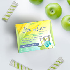 Probiotic powder sachet from SevenLac for travel-friendly digestive support on the go.