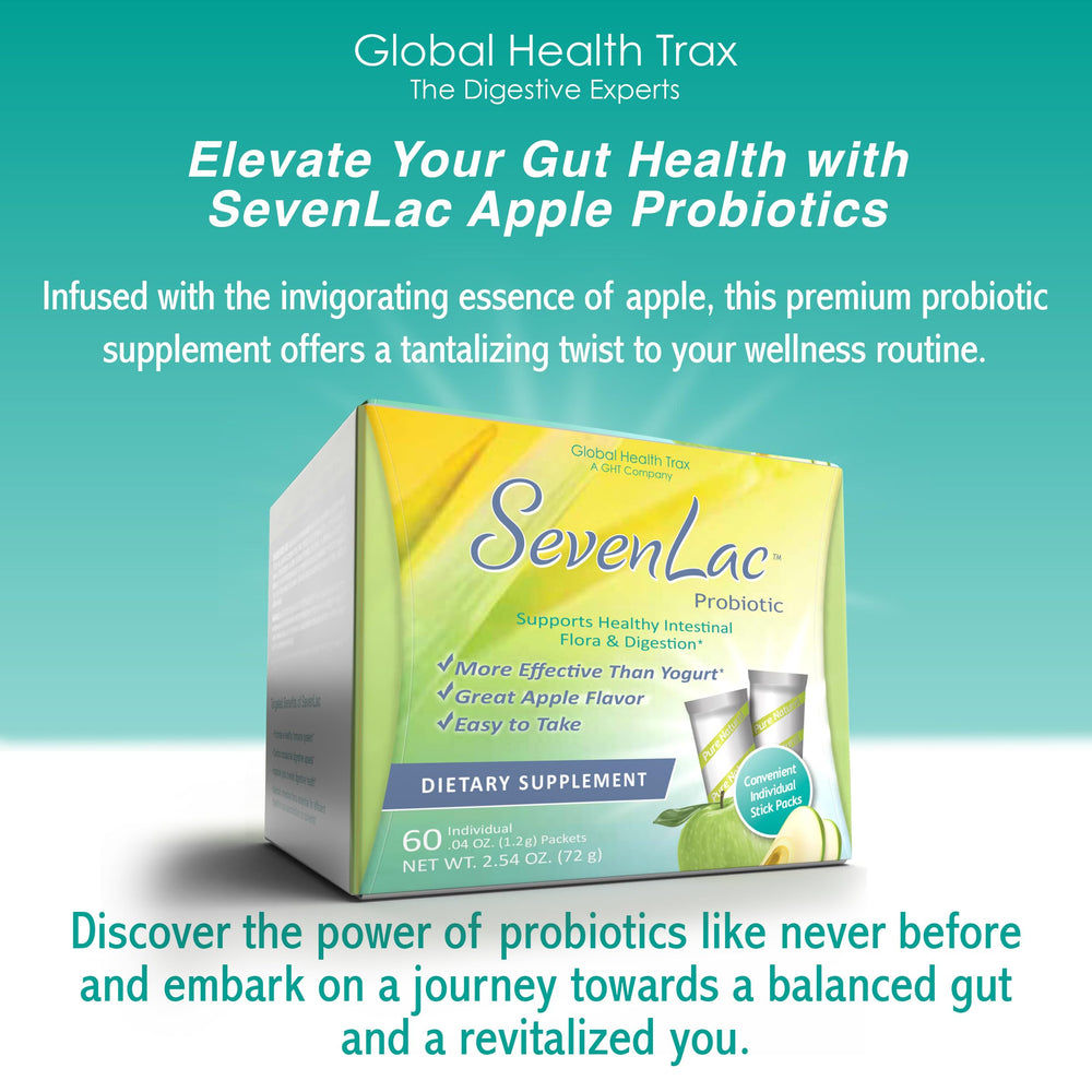 GHT SevenLac Apple probiotic powder label highlights gluten-free and non-GMO features
