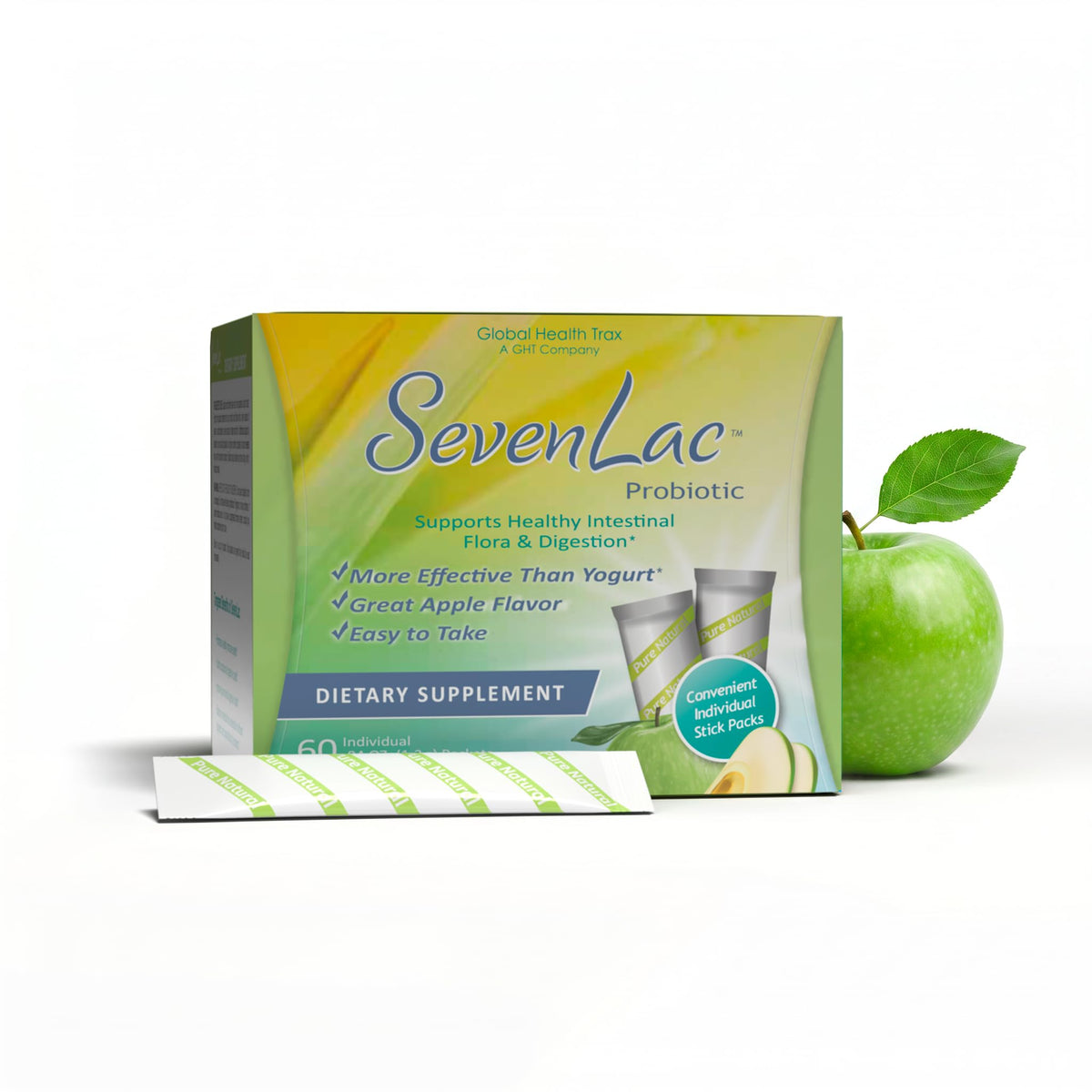 Global Health Trax SevenLac Apple Probiotic Powder Packets for daily gut support.