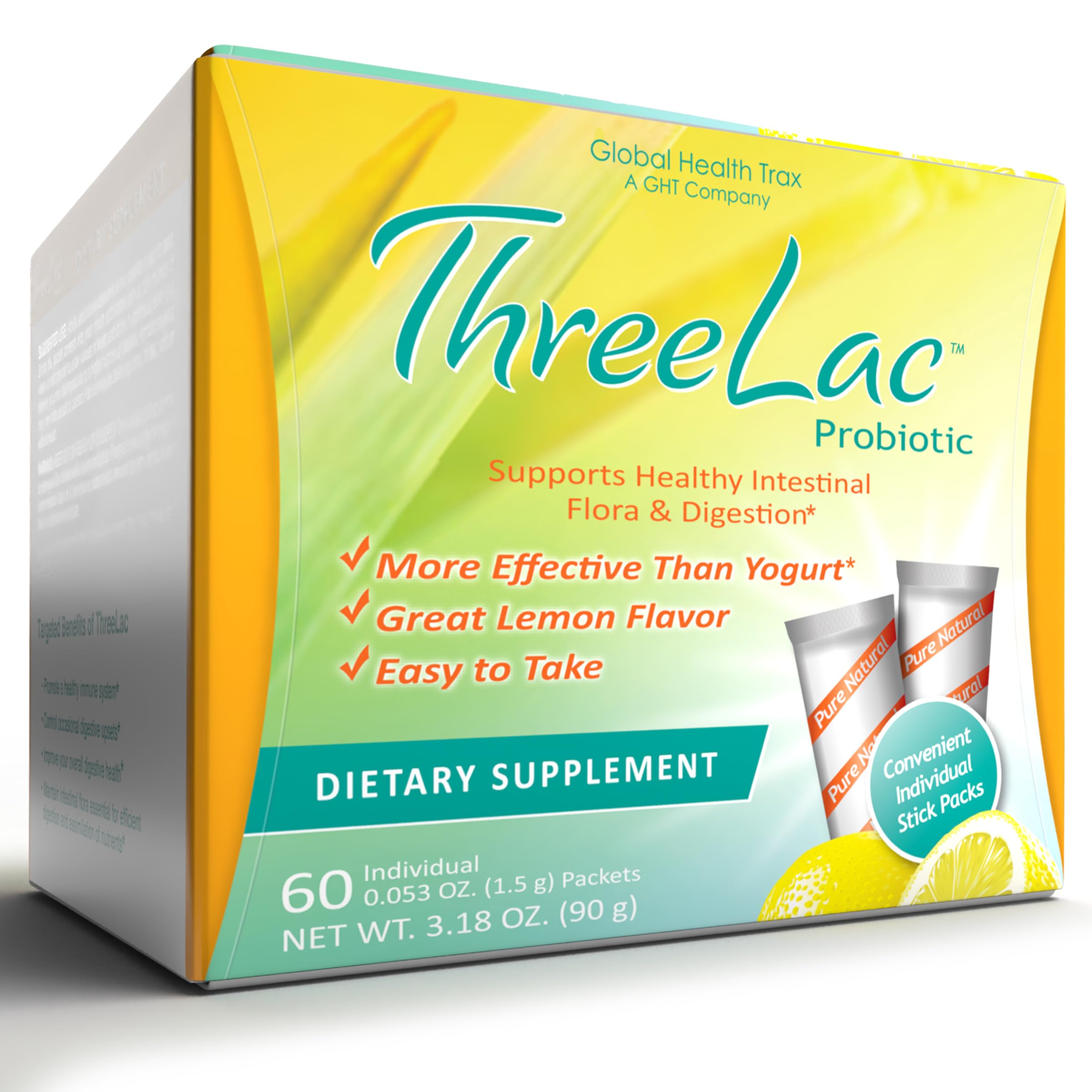 GHT ThreeLac Lemon probiotic packets for easy daily digestive support.