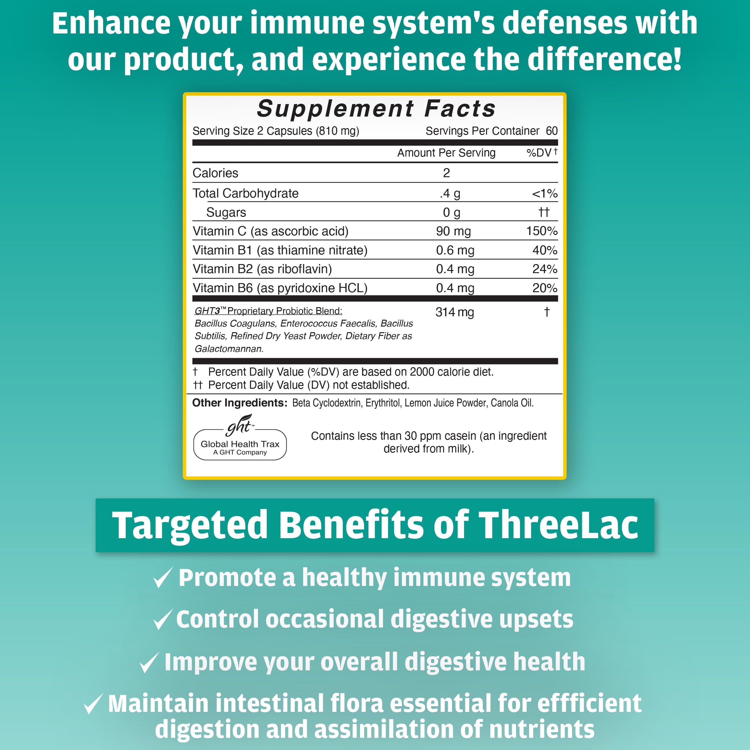GHT ThreeLac probiotic bottle label close-up highlighting non-GMO formulation