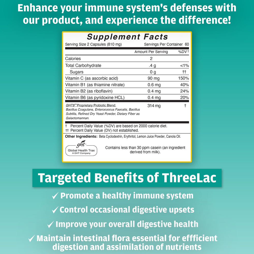 GHT ThreeLac probiotic bottle label close-up highlighting non-GMO formulation